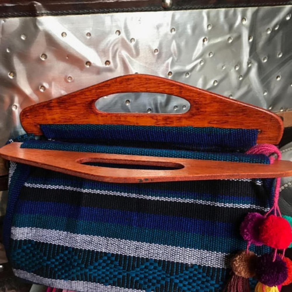 Foldover Fabric Wood Clutch Mexican Textile Vintag - Picture 7 of 7